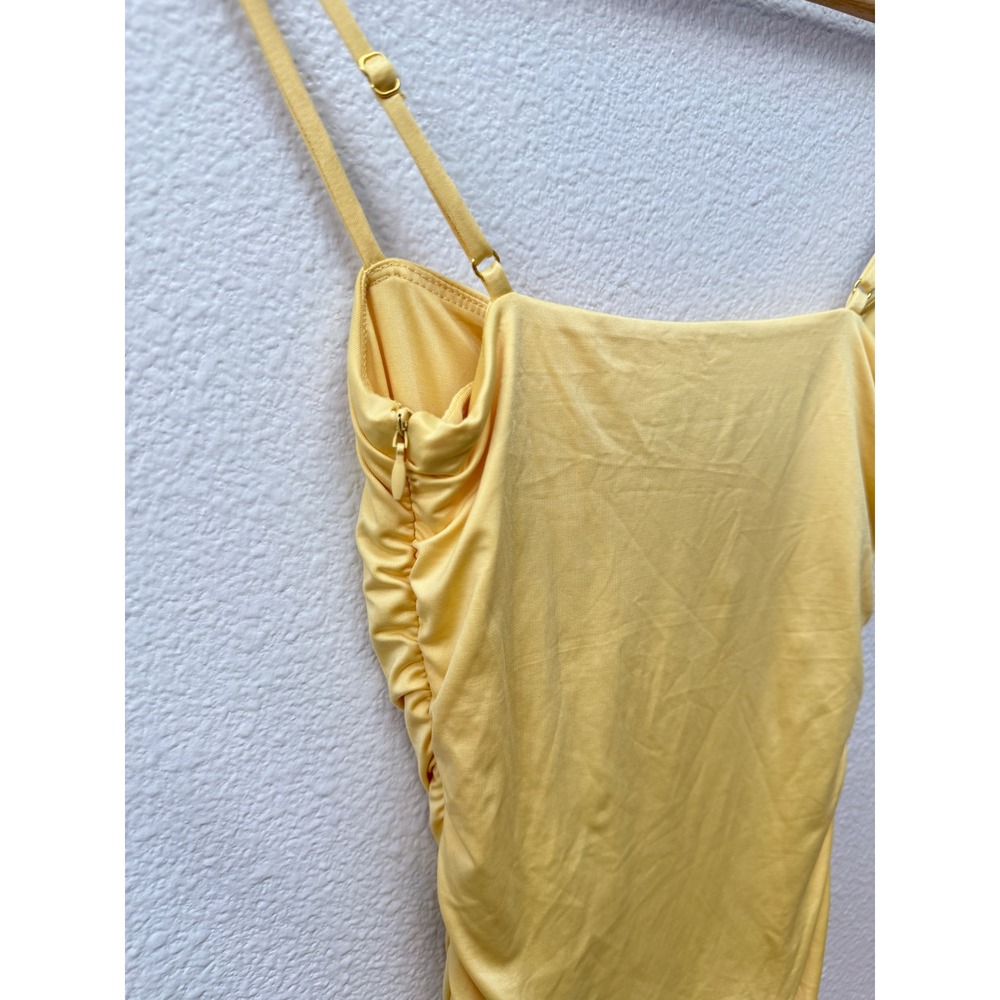 Oh Polly Anaisa Asymmetric Ruched Midi Dress Pastel Yellow XS Bodycon Sweetheart - Picture 5 of 6
